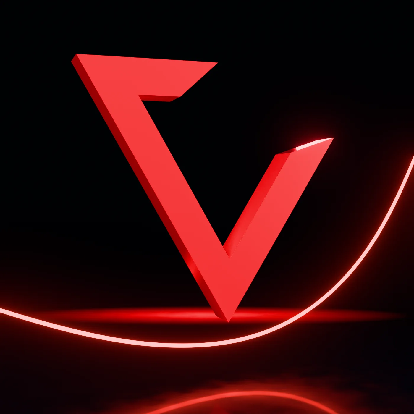 The red Vanolee chevron rendered as a solid object above a black reflective floor, with a single line of red light sweeping beneath it.